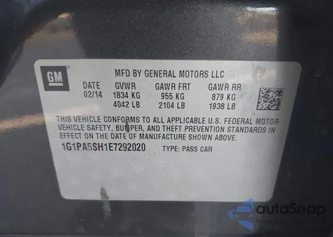 2014 Chevrolet Cruze Ls Auto из США, поврежденный, VIN 1G1PA5SH1E7292020